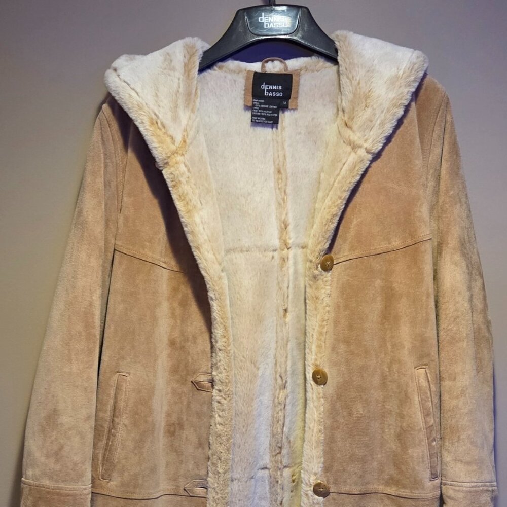 Dennis Basso Leather Hooded Coat Faux Fur Lined Tan Brown Suede Medium